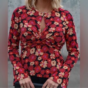Floral Twist Front Blouse - Black and Red